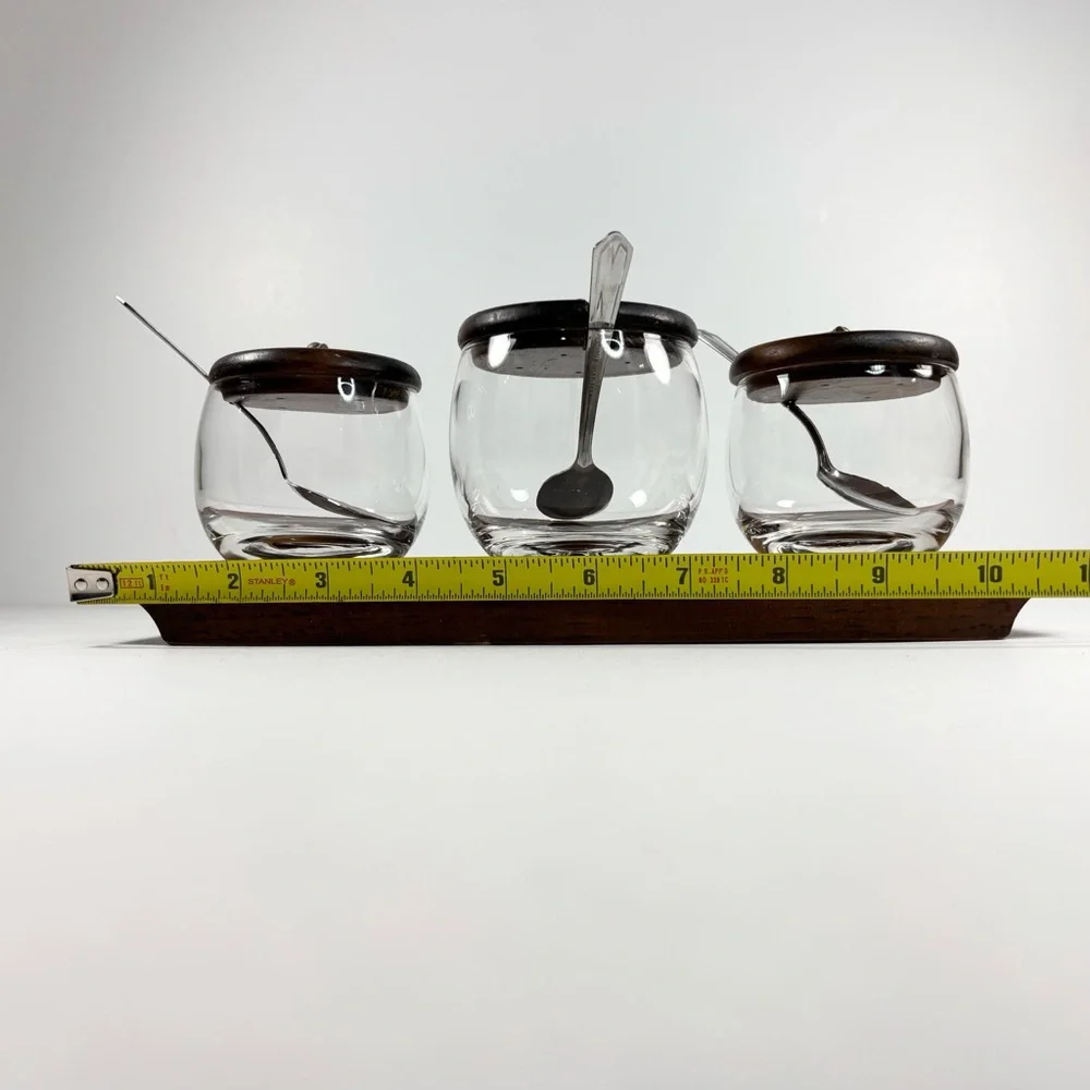 Vintage Glass Spice Jars with Wooden Lids Spoons Tray‎ Three jars
